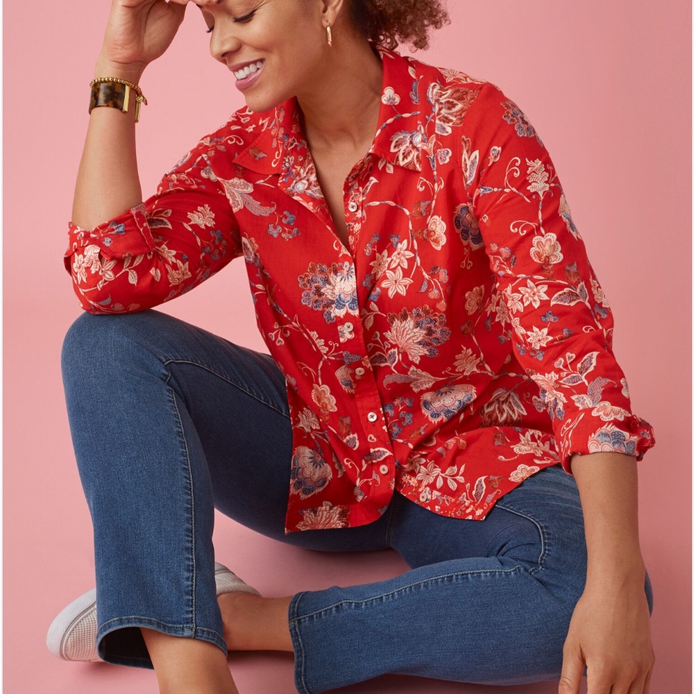 Talbots Plus Red Floral Lightweight Button Down Casual Shirt, X